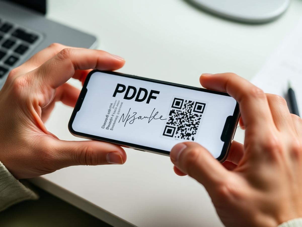 Celular exibindo receita em PDF com assinatura digital e QR Code